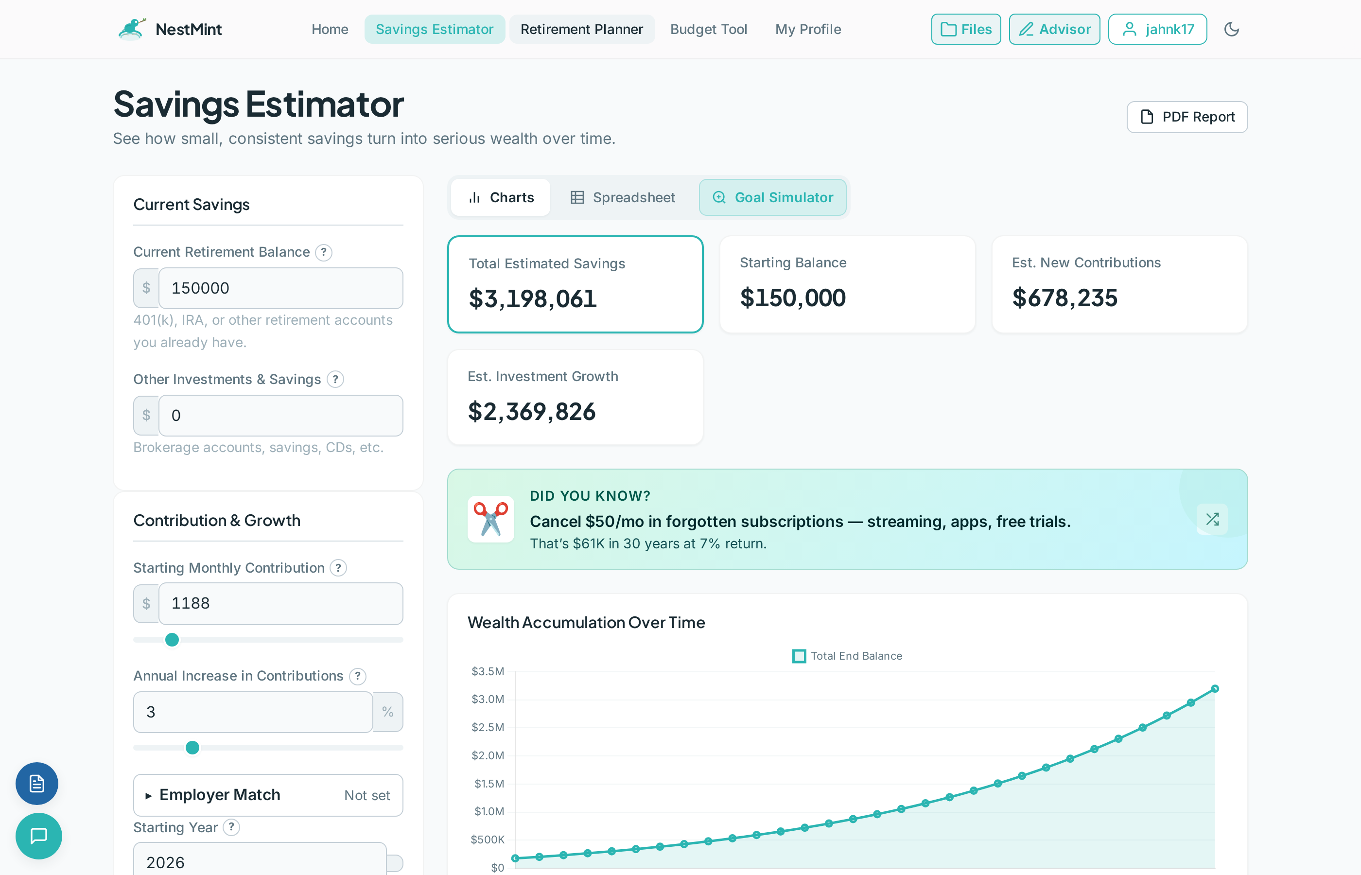 NestMint Savings Estimator showing $3.1M projected savings with wealth accumulation chart